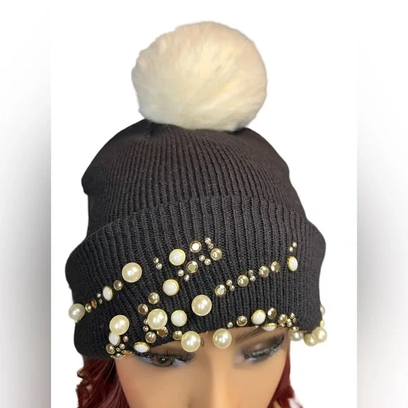 Karl Lagerfeld NWT Black Knit Ribbed Jeweled Karl Signature Pom Pom Winter Hat - Picture 5 of 9